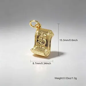 Detailed view of gold-plated dollar bill pendant showing dimensions and 1.0g weight