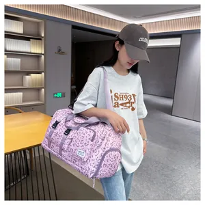 Large pink leopard print fitness bag for women with wet and dry separation design