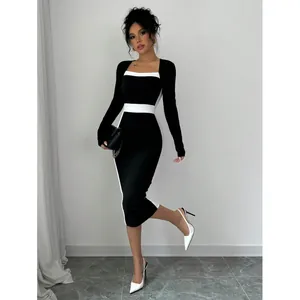 Chic square neck long sleeve bodycon midi dress in black and white patchwork style.