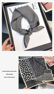 Detailed view of the elegant striped and polka dot patterns of a premium silk square scarf