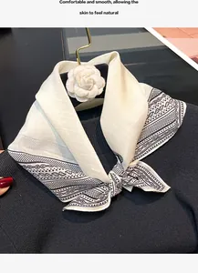 Elegant 55cm silk cotton blend square scarf with black paisley border detail