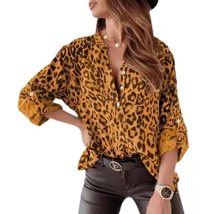 Stylish women's leopard print long sleeve loose button-down chiffon blouse shirt top