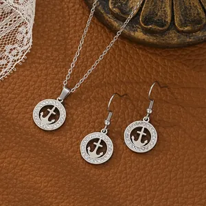Silver stainless steel anchor jewelry set with sparkling rhinestones for men and women