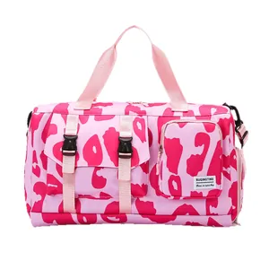 Large capacity pink leopard print gym bag with dry-wet separation for travel and sports
