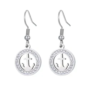 Silver stainless steel anchor drop earrings with rhinestone encrusted circular frames.