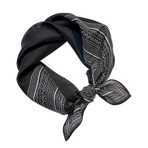 Elegant black paisley print 55cm square scarf made of silk cotton blend for women