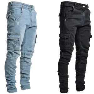 Men's stylish skinny cargo jeans with side pockets in light blue and black denim