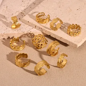 Premium gold stainless steel adjustable rings set with vintage leaf and crown designs