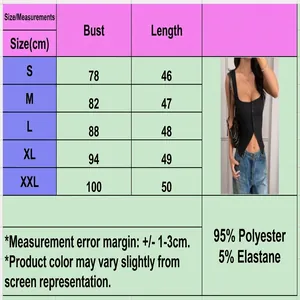Size chart for black Y2K crop tank top with buttons and square neck detailing