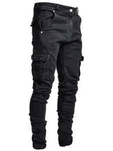 Detailed view of men's black skinny cargo pants featuring functional side pockets