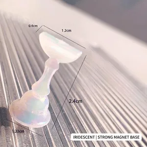Detailed macro view of iridescent aurora nail art stand with dimensions and magnetic base