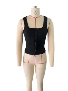 Front view of black sleeveless tank top with square neck and button details