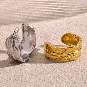 Exquisite vintage stainless steel feather open ring in gold and silver finishes