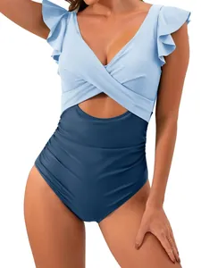 Elegant blue one-piece swimsuit with ruffle sleeves and crossover hollow waist design.