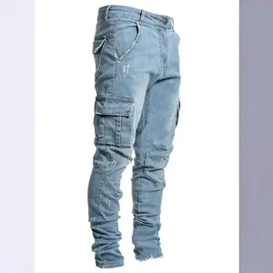 Stylish men's light blue slim fit cargo denim jeans featuring multiple side utility pockets