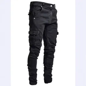 Fashionable men's slim fit black cargo denim jeans with side pockets and stacked leg design
