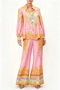 Elegant women's pink baroque print two-piece shirt and wide-leg pants fashion set
