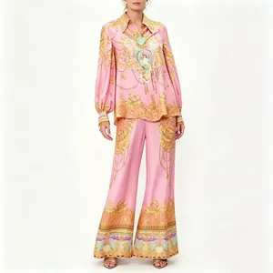 Elegant pink two-piece set with baroque gold print long-sleeve shirt and wide-leg trousers
