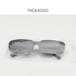 Vintage rectangular black sunglasses shown in simple transparent OPP packaging bag