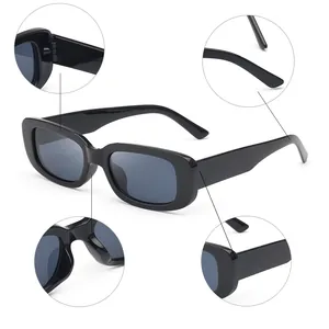 Vintage black rectangular sunglasses with UV protection and detailed frame views
