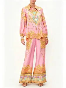 Luxury pink baroque print two-piece set with long-sleeved shirt and wide-leg pants
