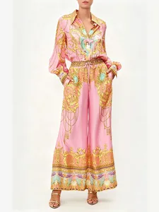 Elegant pink baroque print long-sleeve shirt and wide-leg pants two-piece set for women
