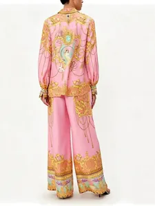 Women's two-piece set with pink baroque print long-sleeved shirt and wide-leg pants