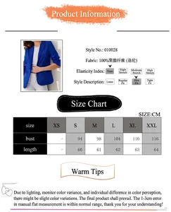Size chart and detailed information for slim fit royal blue single button women's blazer.