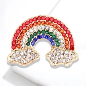Cute rainbow and cloud rhinestone brooch with vibrant multi-color crystals and gold finish
