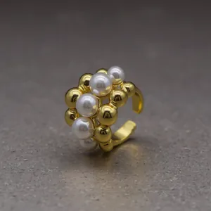 Stainless Steel Open Adjustable Ring For Women Gold Plated Geometric Stacked Artificial Pearl Minimalist Finger Jewelry Gift