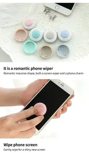 Close-up of a colorful macaron-shaped screen cleaner wiping a white smartphone screen