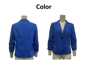 Detailed view of the royal blue slim fit blazer with three-quarter ruched sleeves