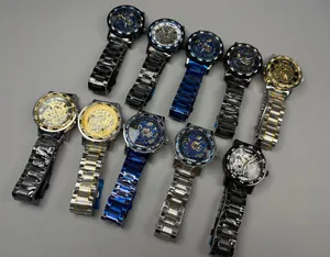 Men's skeleton mechanical watches with rhinestone bezels in diverse metal finishes