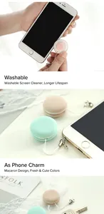 Detail of macaron-shaped mobile screen cleaner with soft cleaning cloth and charm strap.