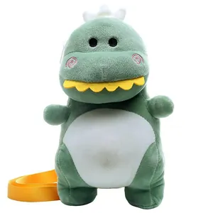 Cute green plush dinosaur crossbody bag for girls with yellow strap and cartoon design.