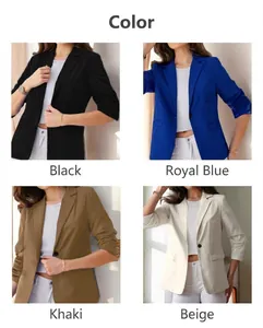 Women's slim fit blazer with ruched 3/4 sleeves in black blue khaki and white