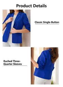 Detailed views of a royal blue blazer featuring a single button and 3/4 ruched sleeves.
