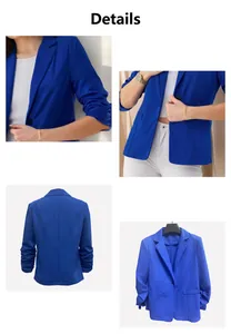 Close-up of royal blue blazer featuring 3/4 gathered sleeves and single button closure.