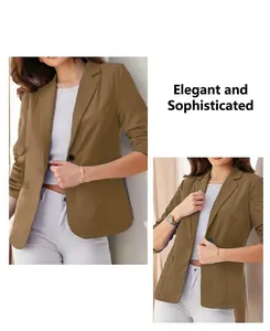 Detail showing the elegant khaki blazer with 3/4 ruched sleeves and one button closure