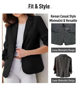 Details of black blazer showing 3/4 ruched sleeves, single button, and back view.