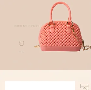 Detailed view of pink PVC jelly shell bag with textured surface and chain strap