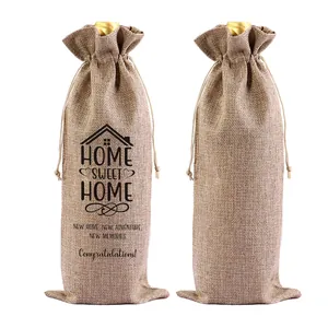 Jute-Weinbeutel mit Kordelzug, bedruckt mit 'Home Sweet Home' und Uni-Version.