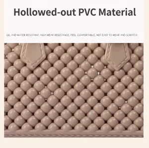 Macro detail view showing the hollow-out PVC material texture of a beige jelly bag