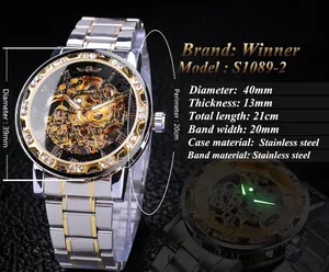 Detailed dimensions and specs of men's skeleton mechanical watch with diamond-studded bezel