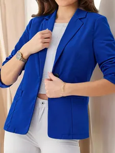 Women's elegant royal blue slim fit blazer with one-button and pleated 3/4 sleeves