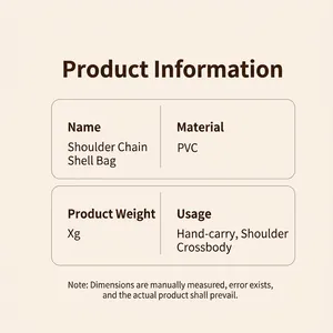 Specification table for PVC jelly shell bag detailing material and usage instructions