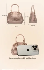 Detailed size guide for mini PVC shell jelly bag showing mobile phone comparison