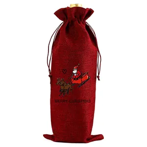 Festliche rote Jute-Weihnachtsweinflaschen-Geschenktüte mit Weihnachtsmann-Schlitten