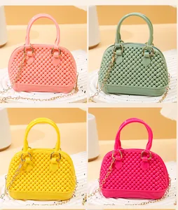 Set of four colorful mini PVC jelly shell handbags with beaded texture and gold chain straps