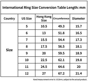 International ring size conversion chart for stainless steel jewelry measurement guide